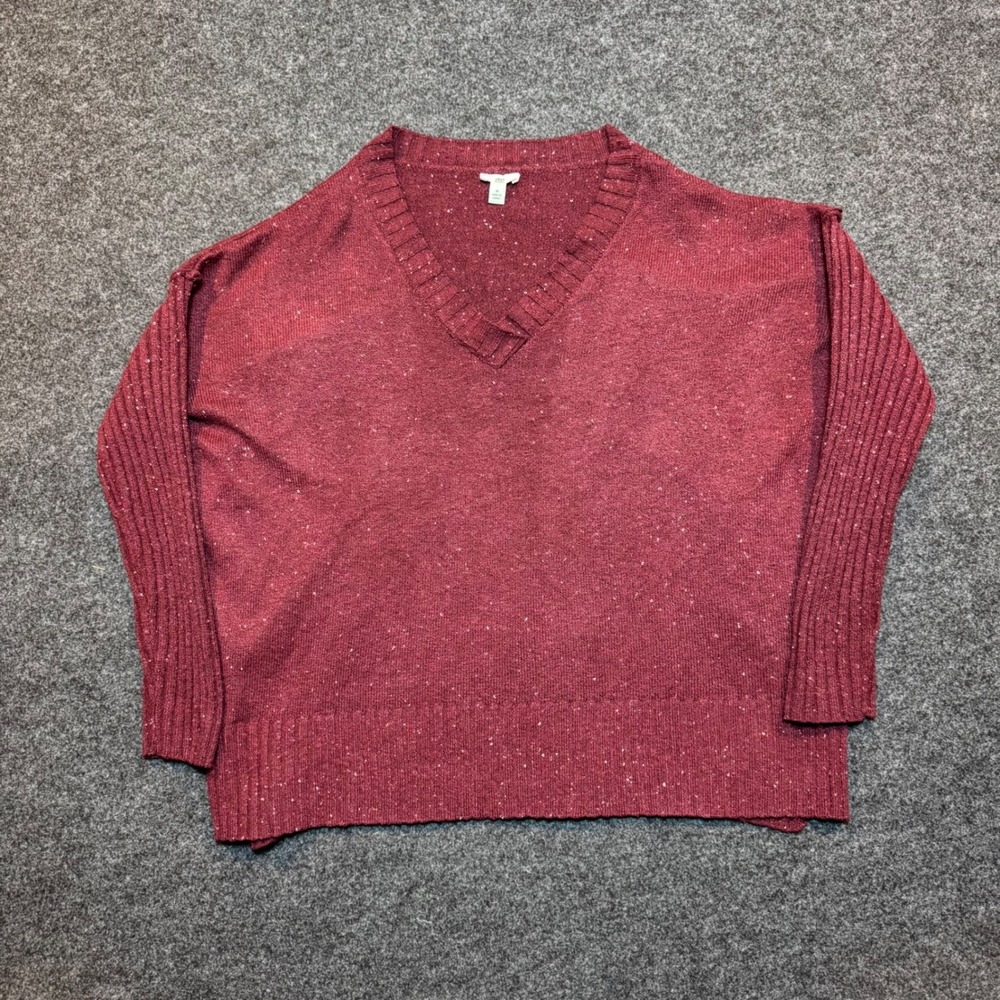Dip Womens Burgundy Speckled V-Neck Knit Sweater Size Medium Marl Ribbed Sleeve
